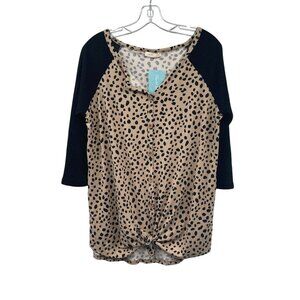 REB. in J. Womens Button Up Top Tie Hem Tan/Black Spotted Size XL New